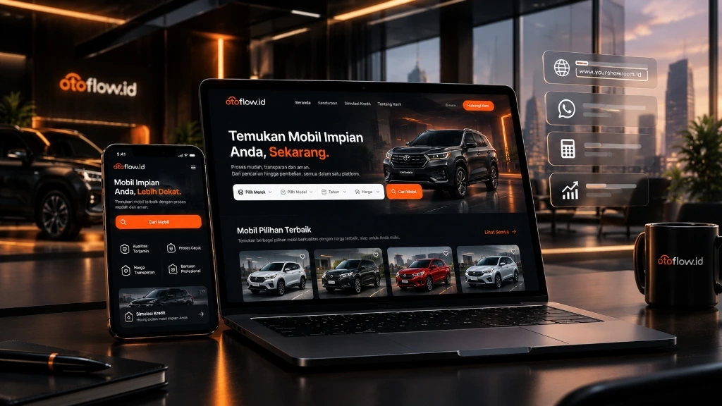 Ilustrasi Showroom Digital OtoFlow.id di Laptop dan Smartphone